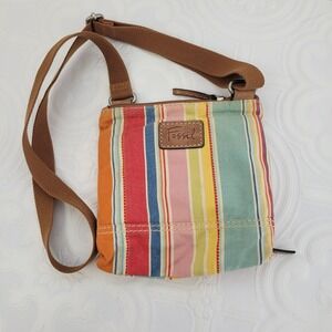 Vintage Fossil Striped Canvas Crossbody Bag Small Messenger Organizer Purse